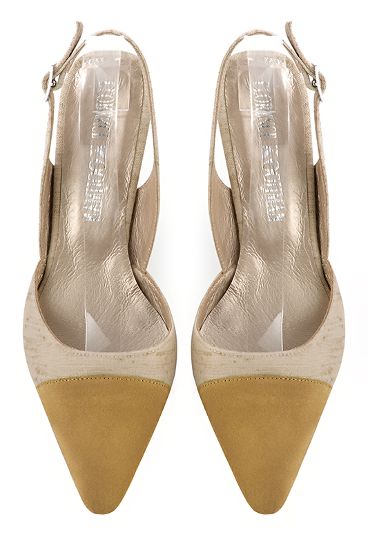 Mustard yellow and gold women's slingback shoes. Tapered toe. Medium spool heels. Top view - Florence KOOIJMAN